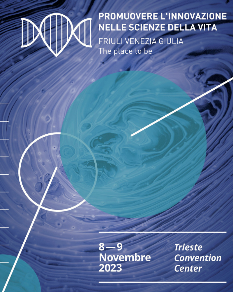 locandina graficata Promuovere l'innovazione nelle scienze della vita, Trieste Convention Center 8-9 novembre 2023